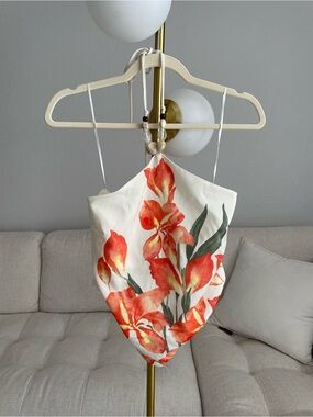 NWT Rich & Famous Rum Runner Floral Smocked Back Beaded Halter Top Cream Orange